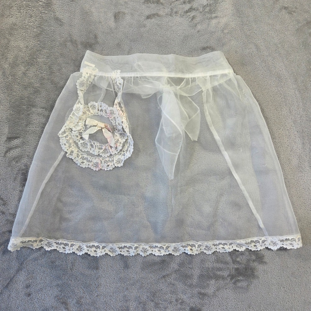 Vintage White Sheer Organza Half Apron Heart Lace Pocket 1950s Retro Hostess